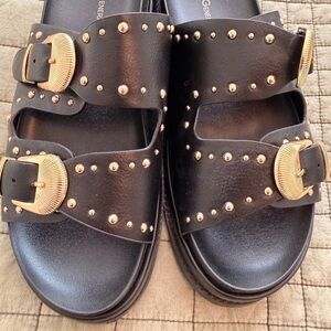 BCBGeneration Black Studded Buckle Slide Sandals